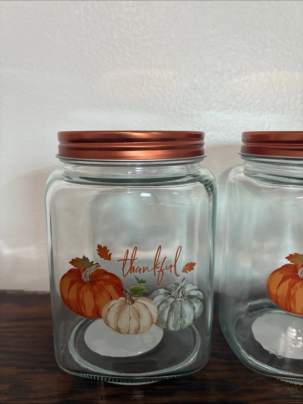 NWT- Set of 3- THANKFUL- Pumpkin Trio Harvest Glass Jars w/ Screw On Copper Lid